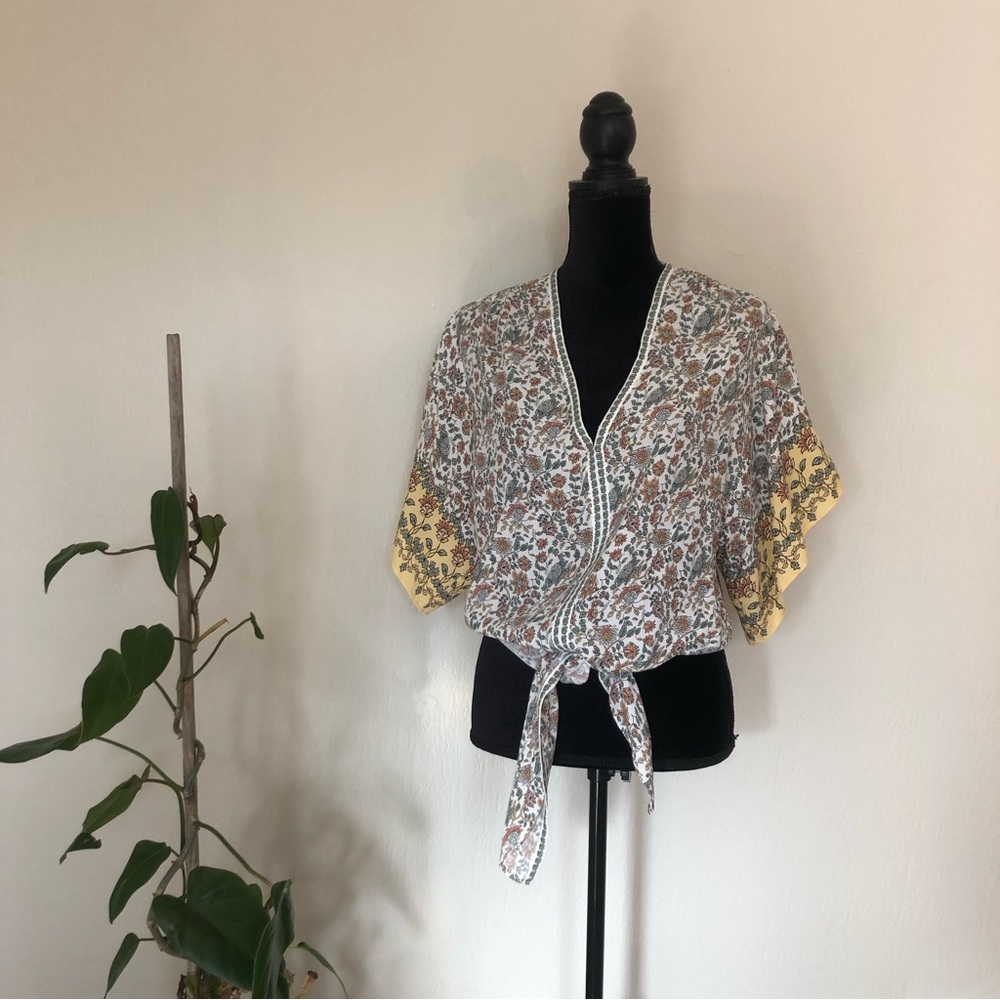 Boho Floral Flutter Sleeve Tie Waist Top